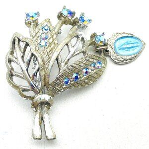 Vintage Aurora Borealis Rhinestone Bouquet Brooch with Miraculous Medal Charm